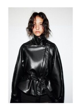 Zara Faux Leather Peplum Belted Jacket - Women